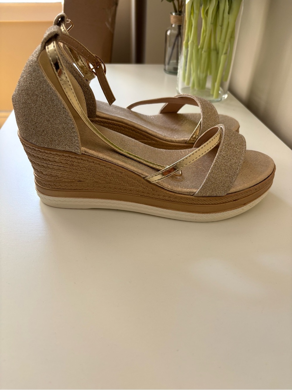 Gold Glitter and Tan Wedge Sandals with Ankle Strap